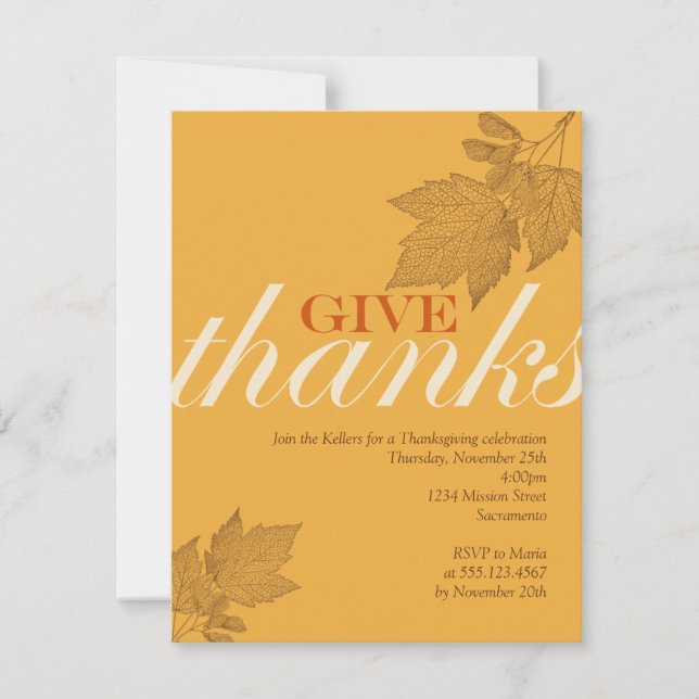 Give thanks fall brown leaves Thanksgiving dinner Invitation (Front)