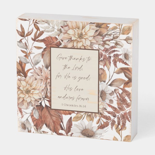 Give Thanks Fall Floral Christian Wood Box Sign (Angled Horizontal)