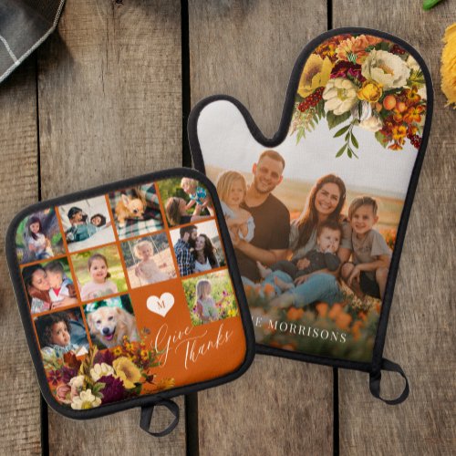 Give thanks fall floral multi photo collage family oven mitt  pot holder set