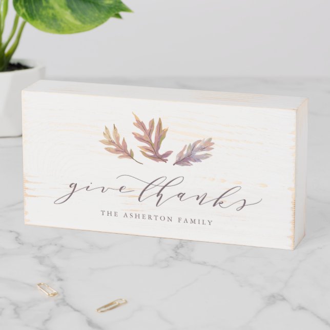 Give thanks fall leaves personalized wooden box sign (In Situ Horizontal)