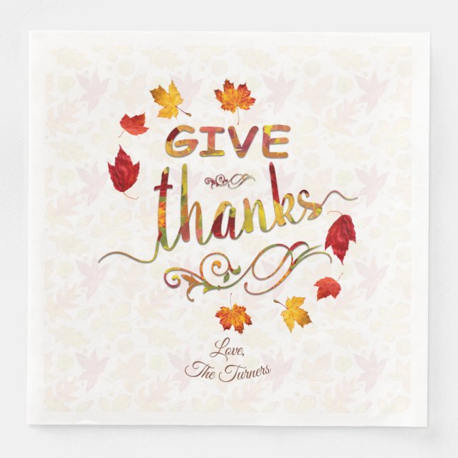 Give Thanks Fall Leaves Thanksgiving Monogram Paper Dinner Napkins (Front)