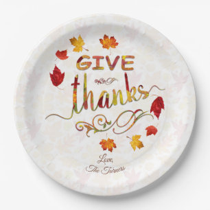 Give Thanks Fall Leaves Thanksgiving Monogram Paper Plates