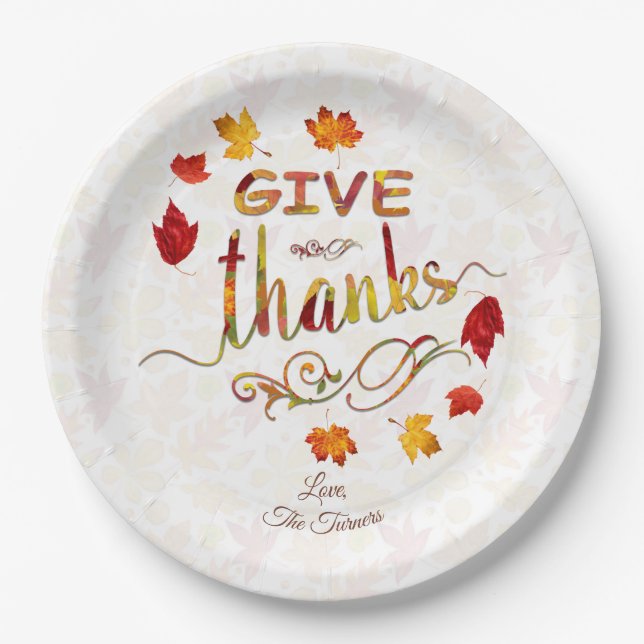 Give Thanks Fall Leaves Thanksgiving Monogram Paper Plates (Front)