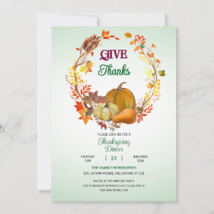 Give Thanks Fall Leaves Wreath Thanksgiving Dinner Invitation