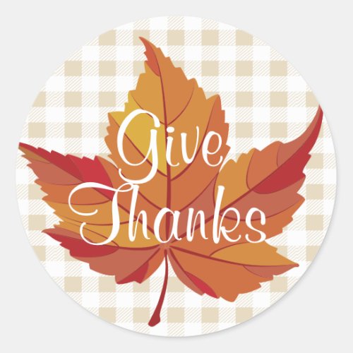 Give Thanks Fall Orange Leaf  Plaid Classic Round Sticker