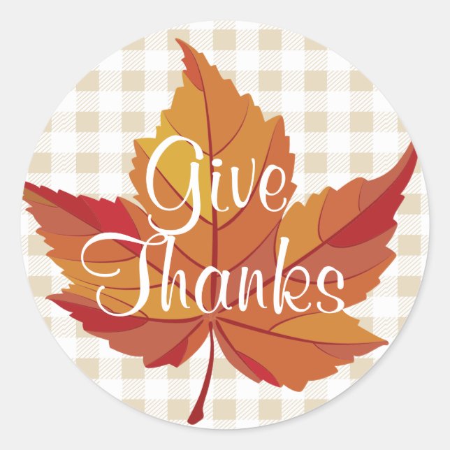 Give Thanks Fall Orange Leaf & Plaid Classic Round Sticker (Front)
