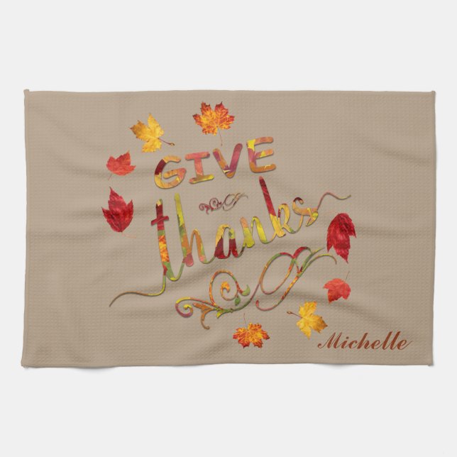 Give Thanks Fall Rustic Thanksgiving Monogram Kitchen Towel (Horizontal)