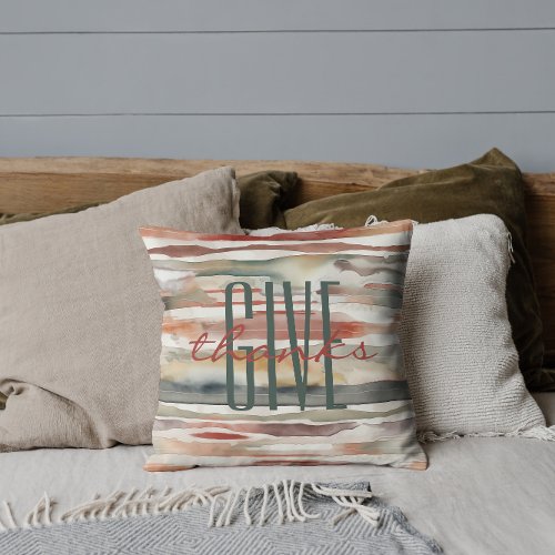 Give Thanks Fall Watercolor Stripes Modern Throw Pillow