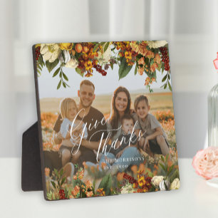 Give thanks family photo modern Thanksgiving Plaque
