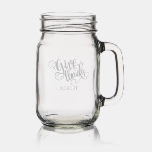 Give Thanks Fancy Text Thanksgiving Design Mason Jar W/ Handle