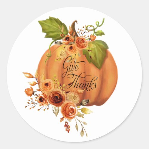 Give Thanks floral pumpkin Classic Round Sticker