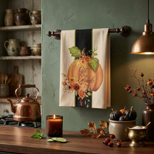 Give Thanks floral pumpkin Kitchen Towel