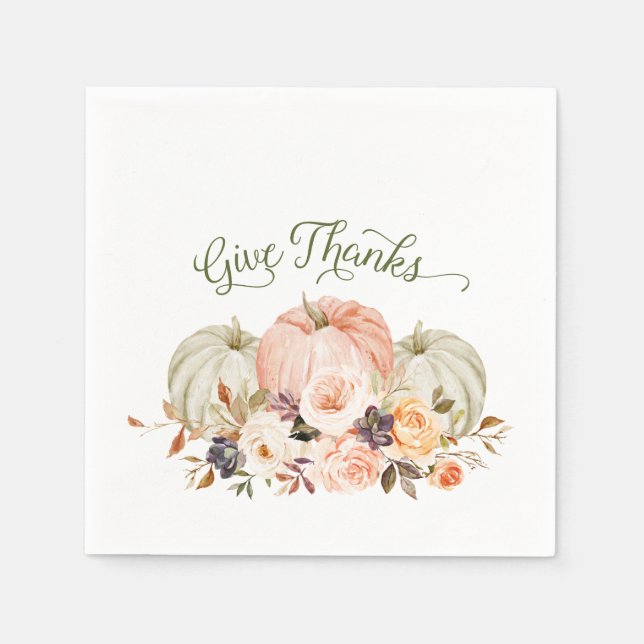 Give Thanks Floral Pumpkin Paper Napkins (Front)