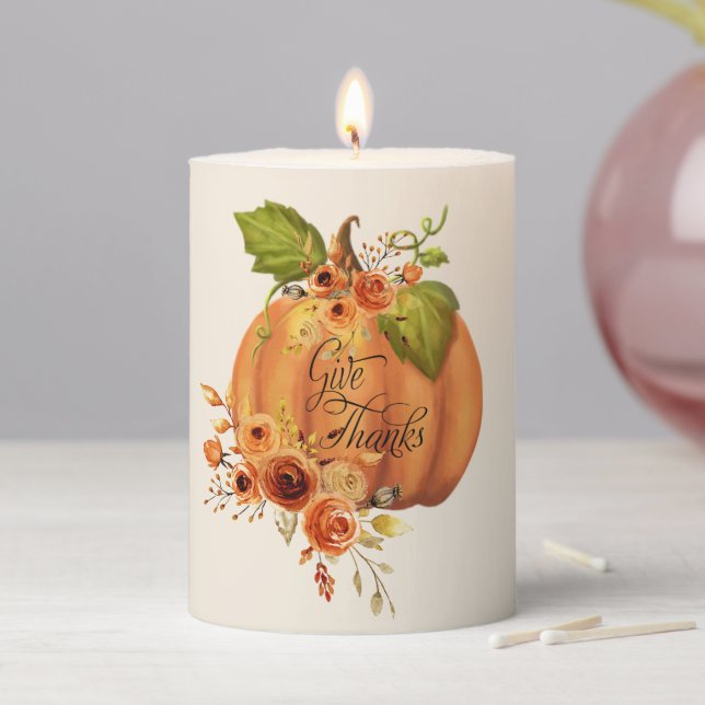 Give Thanks floral pumpkin  Pillar Candle (In Situ)