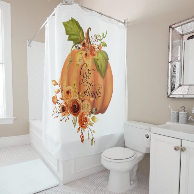 Give Thanks floral pumpkin  Shower Curtain (In Situ)