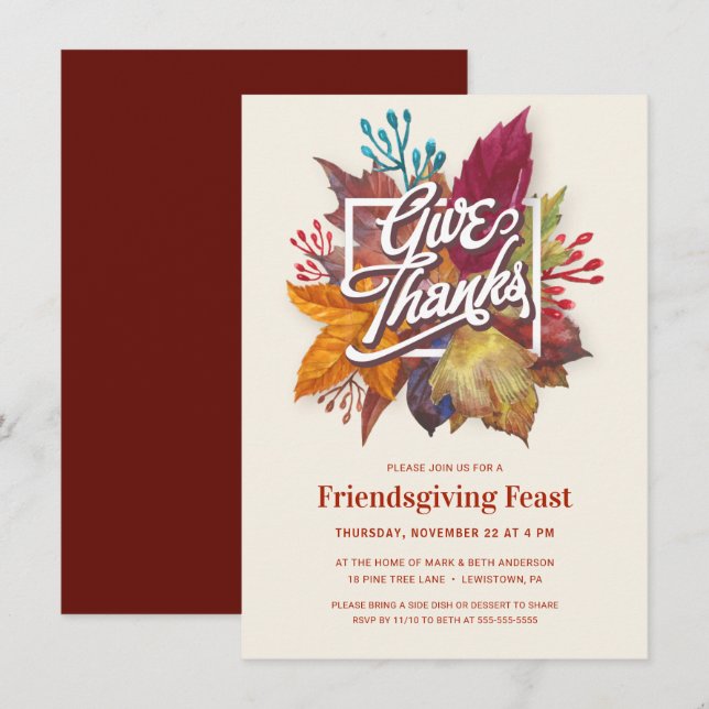 GIVE THANKS FRIENDSGIVING FESTIVE FALL LEAVES INVITATION (Front/Back)