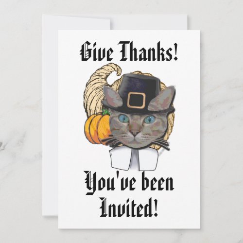 Give Thanks funny gray cat Thanksgiving Invitation