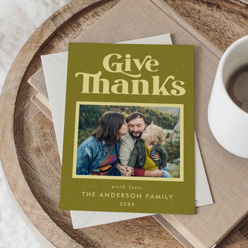 Give Thanks Green Retro Thanksgiving Photo Holiday Card