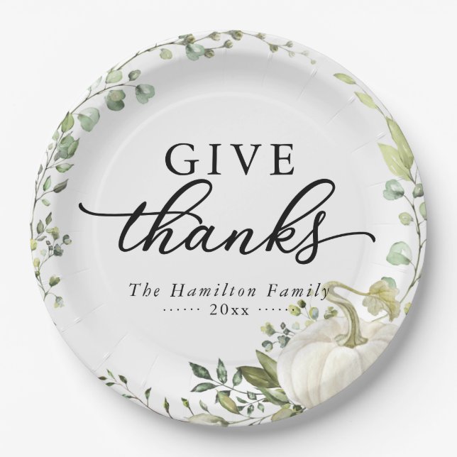 Give Thanks Greenery Pumpkin Thanksgiving Dinner Paper Plates (Front)