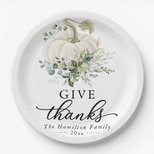 Give Thanks Greenery White Pumpkin Thanksgiving Paper Plates