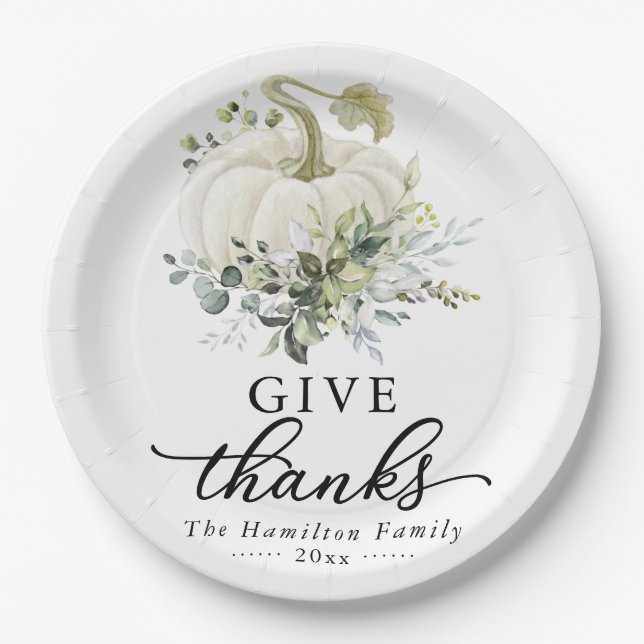 Give Thanks Greenery White Pumpkin Thanksgiving Paper Plates (Front)