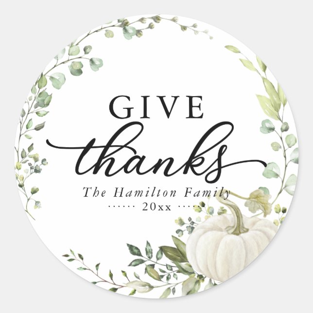 Give Thanks Greenery Wreath Thanksgiving Dinner Classic Round Sticker (Front)