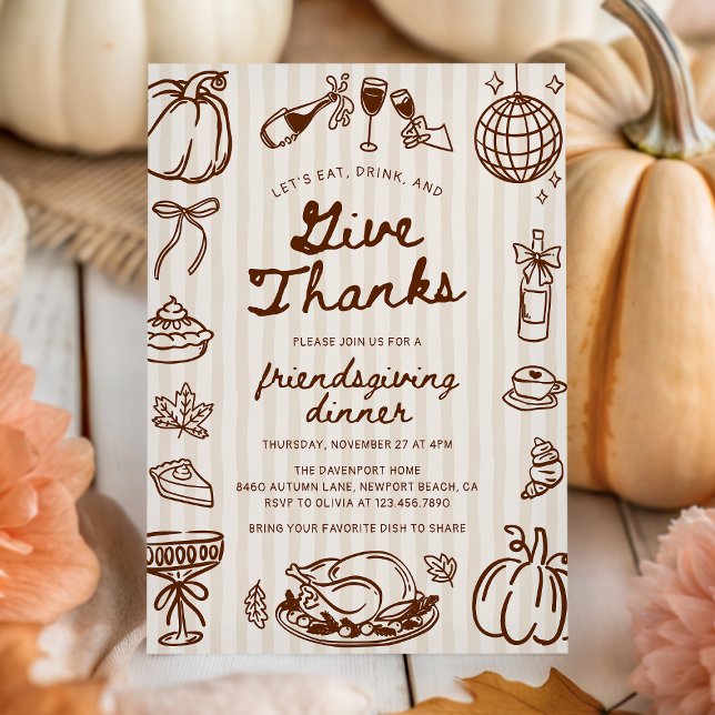 Give Thanks Hand Drawn Doodle Friendsgiving Dinner Invitation (Creator Uploaded)