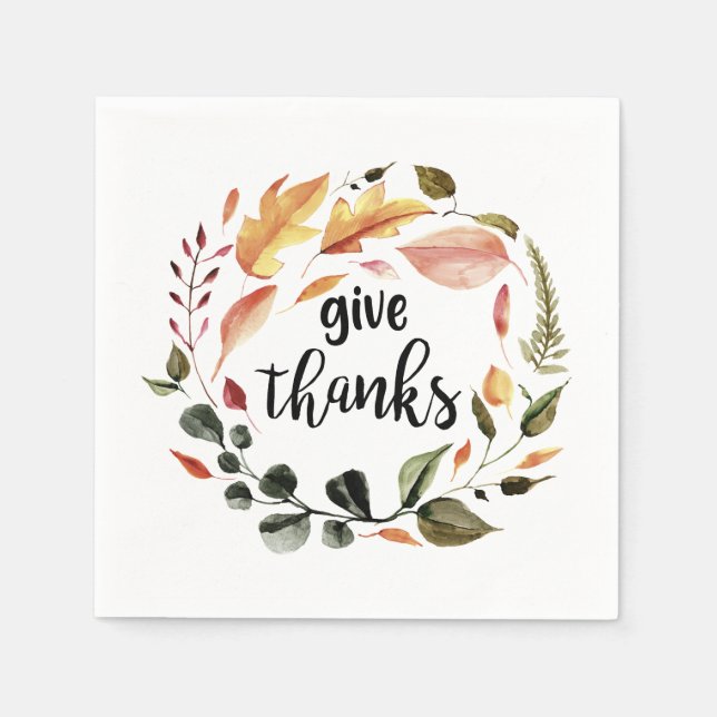Give Thanks Hand Lettering Fall Leaves Wreath chic Napkins (Front)