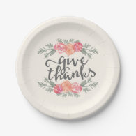 Give Thanks | Ivory Floral Watercolor Thanksgiving Paper Plate