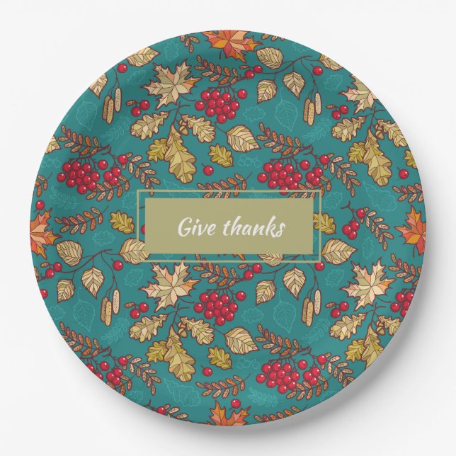 Give Thanks Leaves Pattern Country Thanksgiving Paper Plates (Front)