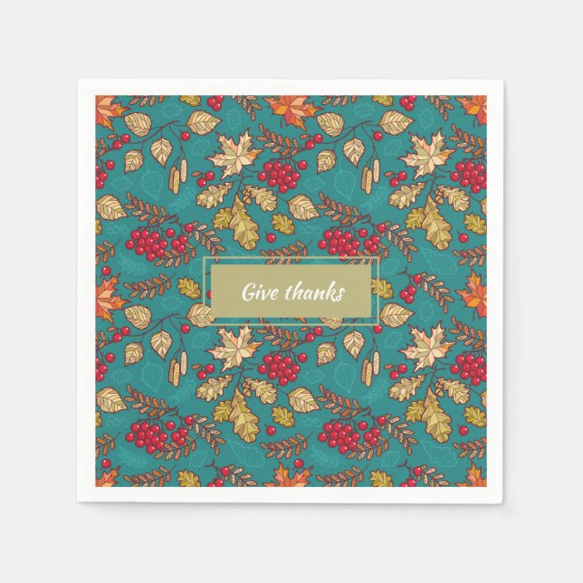 Give Thanks Leaves Pattern on Blue Thanksgiving Napkins (Front)