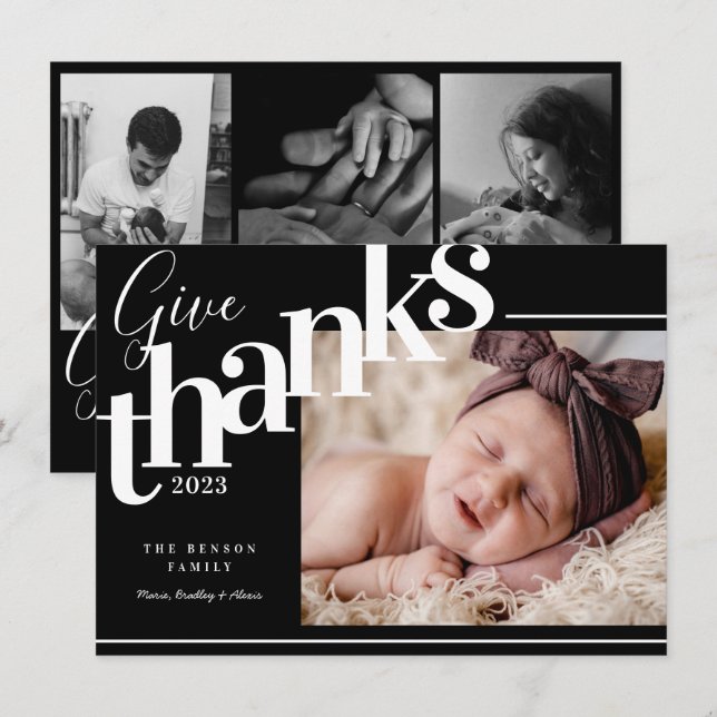 Give Thanks Modern Black Photo Holiday Card (Front/Back)