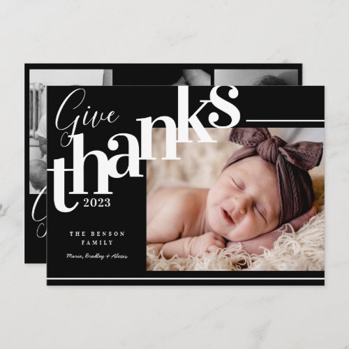 Give Thanks Modern Black Photo Holiday Card