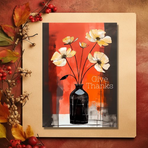 Give Thanks  Modern Flower and Vase Thanksgiving Holiday Card