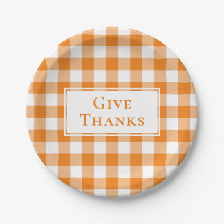 Give Thanks Orange Gingham Plaid Thanksgiving Paper Plates