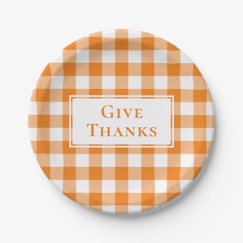 Give Thanks Orange Gingham Plaid Thanksgiving Paper Plates