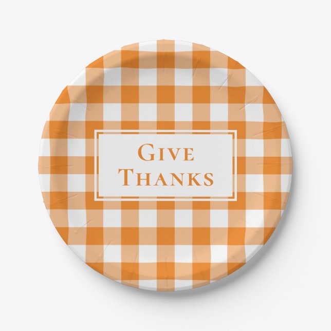 Give Thanks Orange Gingham Plaid Thanksgiving Paper Plates (Front)
