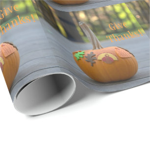 Give Thanks Orange Pumpkin Pretty  Wrapping Paper