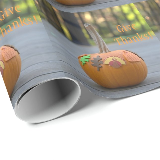 Give Thanks Orange Pumpkin Pretty  Wrapping Paper (Roll Corner)