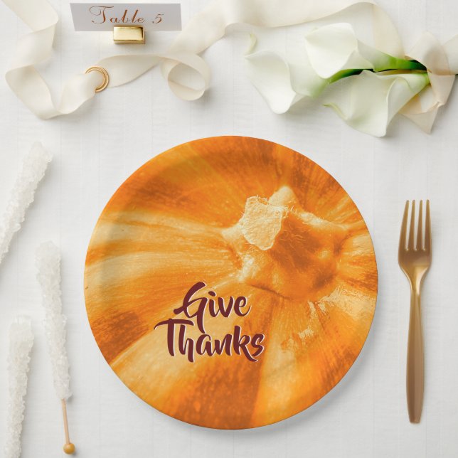 Give Thanks Orange Pumpkin Thanksgiving Holiday Paper Plates (Wedding)