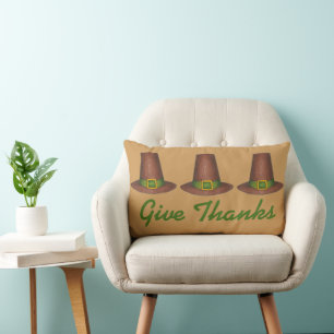 Give Thanks Pilgrim Hat Happy Thanksgiving Holiday Lumbar Pillow