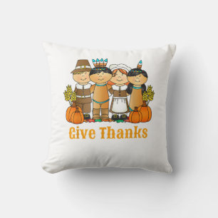Give Thanks Pilgrim Indian Pumpkin Thanksgiving Throw Pillow