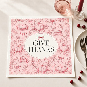 Give Thanks Pink Bow Toile Thanksgiving Cocktail Napkins