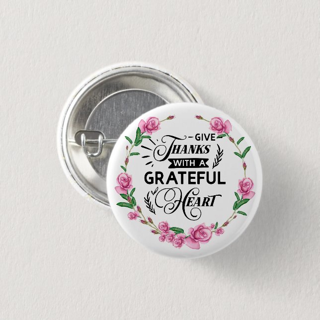 Give Thanks | Pink Floral Wreath Button (Front & Back)