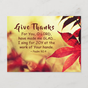 Give Thanks, Psalm 92:4 Bible Verse Postcard