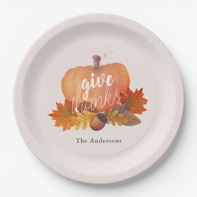 Give Thanks Pumpkin Autumn Leaves Blush Pink Paper Plates (Front)