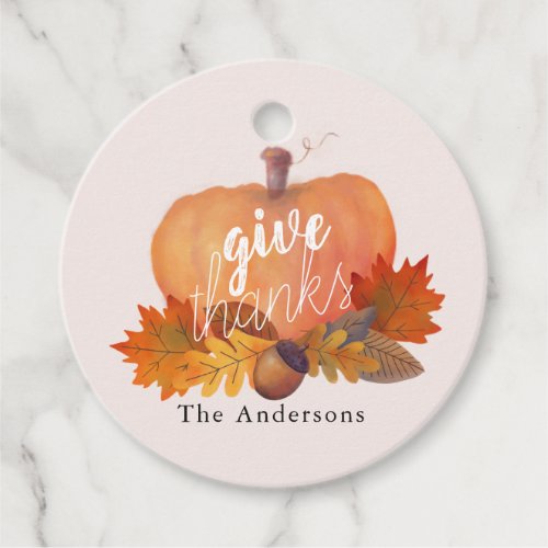 Give Thanks Pumpkin Fall Leaves Pink Thanksgiving Favor Tags