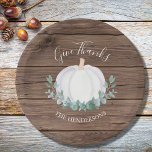 Give Thanks Pumpkin Thanksgiving Paper Plates<br><div class="desc">These Thanksgiving paper plates are decorated with a watercolor white pumpkin and eucalyptus in soft shades of green on a barn wood background. They say "Give Thanks" in stylish script typography.
You can customize them with your name.
Original Watercolor © Michele Davies.</div>