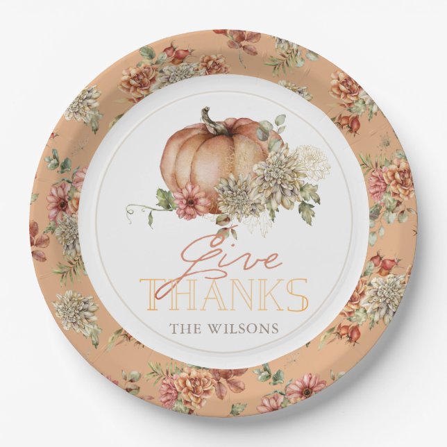 Give Thanks Pumpkin & White Dahlia Thanksgiving Paper Plates (Front)
