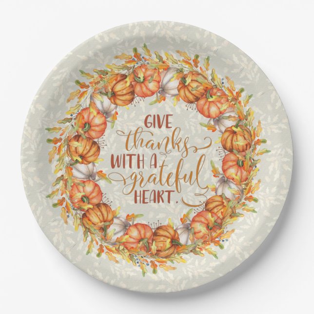 Give Thanks Pumpkin Wreath Paper Plates (Front)